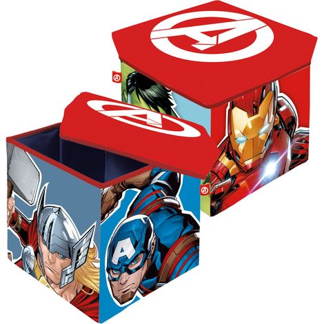 Tabouret de rangement cube Avengers 30x30x30 cm – Composition carton et MDF – Tissu polyester – Personnages Hulk, Captain America, Iron Man, Thor – Arditex