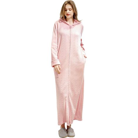 Peignoir femme à capuche, zip longue flanelle molletonnée, robe de chambre chaude d'hiver, nuisette pyjama, vêtement de nuit cosy (1/5)