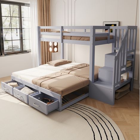 Lit superposé 90x200 cm avec lit gigogne 90/180x190, rangements intégrés, bois gris (1/5)