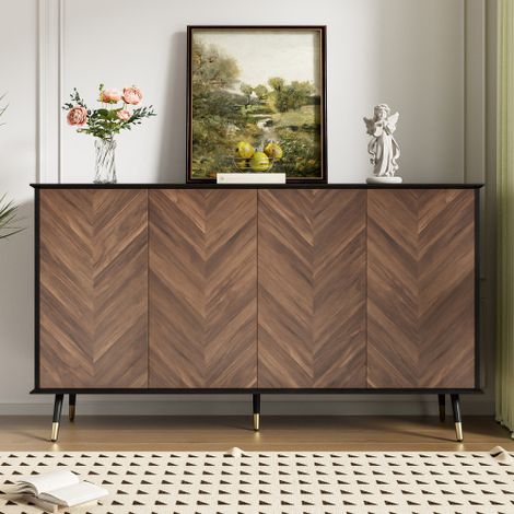 Enfilade moderne à motif chevrons – Meuble de rangement à 4 portes avec étagères réglables – Structure en MDF et pieds en métal – Meuble adapté aux salons, entrées et salles à manger (1/5)