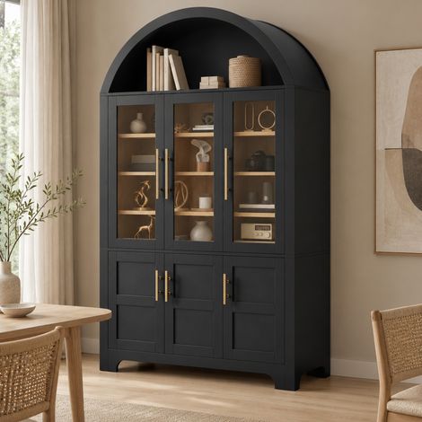 MODFU – Buffet vitrine 110x40x185 cm MDF – Niche arquée, 3 portes vitrées et étagères réglables – Charge 50 kg – Salon – Noir (1/5)