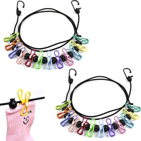 2 x Portable Camping Clothesline with 12 Clips and Positioning Buckles, Retractable Outdoor Clothesline, for Outdoor Travel, Indoor Camping (Black) (1/5)