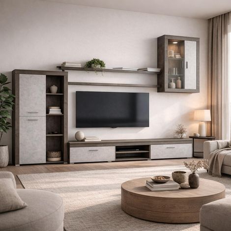 Parete Attrezzata Da Soggiorno Salotto Moderna Con Ante Mensole Vani A Giorno Vetrinetta Mobile TV Design Moderno Moduli Sospesi 293 x 193 x 50 Cm Bianco E Noce - Colore: Ossido e Grigio Cemento