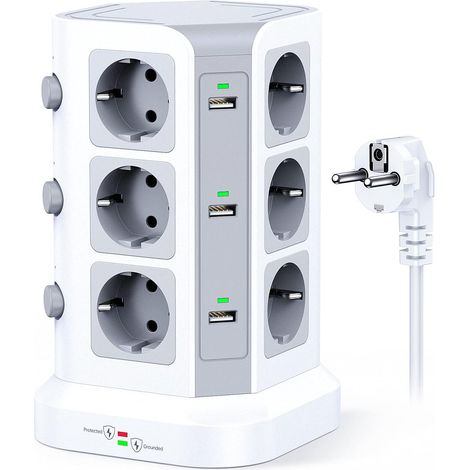 Tour multiprise parafoudre et surtension(4000W/16A), Multiprise Electrique avec 6 Ports USB et 12 Prises, multiprise avec et 3 Interrupteurs, 2M Cordon, Blanc 12 Prises, 6 USB, 4000W/16A, 3 Interrupt (1/5)