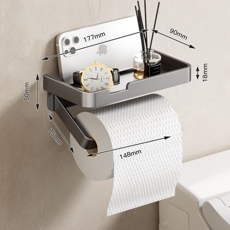 Toilettenpapierhalter mit Ablage, Wandmontage, 3 Montagemöglichkeiten (ohne Bohren, Kleben oder Schrauben), Bad- und Küchenaccessoire