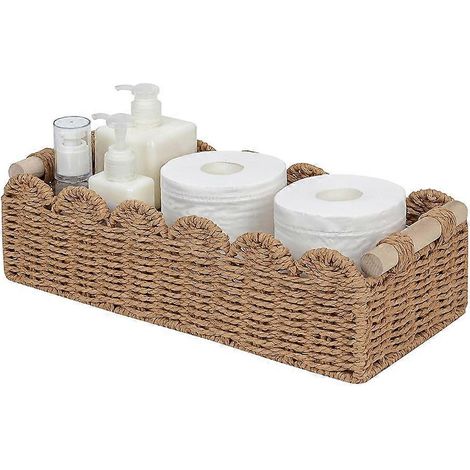 Dekorativer Aufbewahrungskorb für Toilettenpapier mit Seilverzierung und gewelltem Rand, mit Griff, zur Platzierung auf dem Toilettenregal. (1/5)