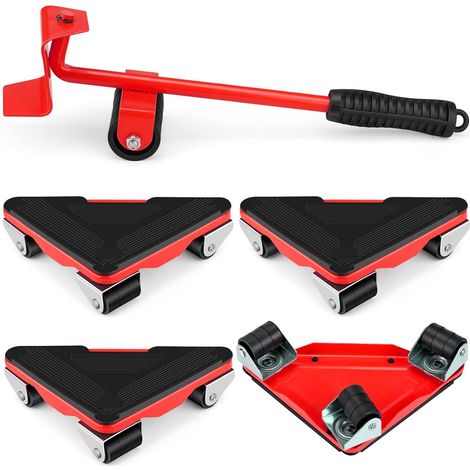 Jeu de 5 roulettes de déménagement rouges, cric mobilier, vérins et roues pour meubles, capacité 300 kg, système de roulement fluide (1/5)
