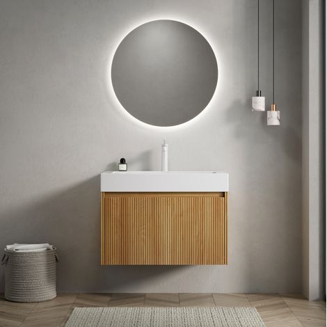Mueble de baño con lavabo suspendido 70 cm moderno con lavabo integrado de resina blanca y 1 cajón acabado madera natural (1/5)