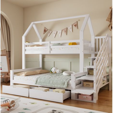 Cama infantil superpuesta 90x200 y 140x200 cm con almacenaje, blanco HAVRYA (1/5)