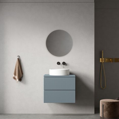Mobile bagno sospeso cannettato 60 cm Blu Avio per Lavabo d'appoggio Specchio Tondo - Fiji Paint Top Canneté