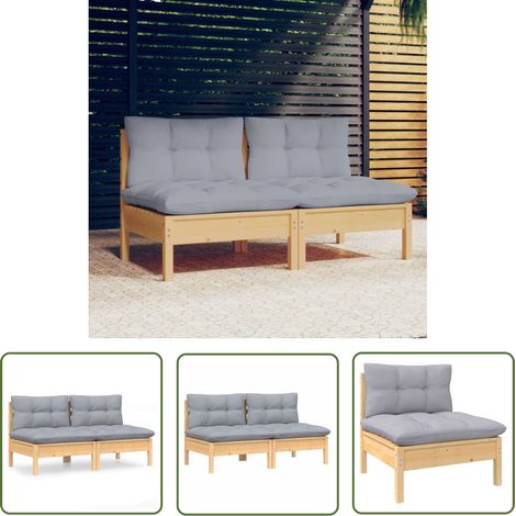 The Living Store Canapé 2 places de jardin et coussins gris Bois de pin solide - Canapé De Jardin - Mobilier De Jardin - Canapé Deux Places - Meubles De Terrasse - Ensemble De Salon De Jardin (1/5)