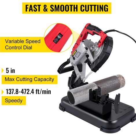 Scie à Ruban Portable à Coupe Profonde 12,7 cm, Scie à Ruban sans Fil Électrique 1100 W 42-144 m/min Coupe 45°-90° avec Lampe LED Base en Alliage Amovible pour Couper Métaux PVC Bois Plastiques (1/5)