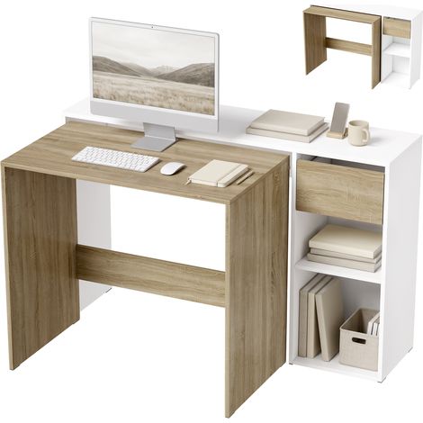 Bureau d'ordinateur gigogne - HOMCOM - lot de 2 - avec tiroir et étagères - bois - 117 x 48 x 76 cm - blanc et chêne (1/5)
