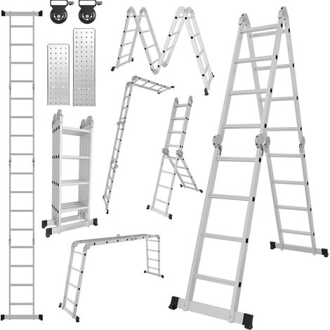 TolleTour Escalera multiposición 7 en 1 de aluminio, 4x4 peldaños, aprox. 470 cm / 4,7 m, plegable, 2 plataformas + 2 ruedas, carga máxima 150 kg (1/5)
