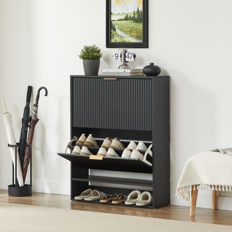 Armoire à chaussures noire 80 x 24 cm avec panneau frontal texturé, structure réglable en hauteur, antidérapante et dotée d’un petit plan de travail décoratif pour l’entrée