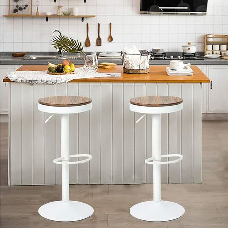 Lot de 2 Tabourets de Bar, Tabourets de Cuisine avec Siège Rond en Bois et Cadre Métallique, Hauteur Réglable, Pivotant à 360 Degrés, Blanc Chêne (1/4)