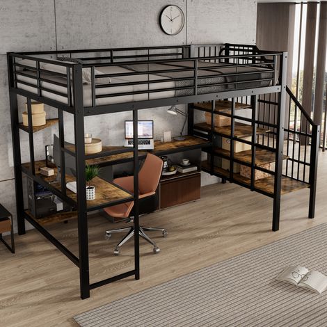 Lit mezzanine 120x200 cm - avec port de charge - avec bureau et étagère de rangement - Noir+Naturel(sans matelas) (1/5)