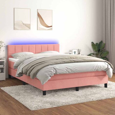 Cama box spring colchón y LED terciopelo rosa 140x190 cm (1/5)