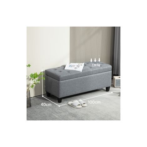 Banc coffre rembourré gris clair en polyester effet lin avec rangement et structure en bois d hévéa pour entrée chambre et salon (1/5)