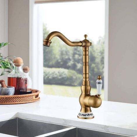 Levier unique cuivre antique – Bec tournant 360°, installation standard – Pour cuisine ou salle de bain rétro (1/5)