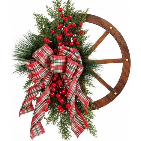 Couronne de Noël en forme de roue de 50 cm, guirlande de pommes de pin et de baies, décoration de porte style ferme hivernale (1/5)
