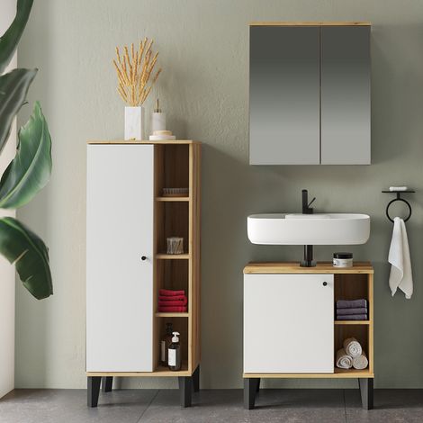 Badmöbel-Set 3-teilig mit Waschbeckenunterschrank 60 cm, Spiegelschrank, Midischrank, in Eiche mit weiß OLEAN-61 (1/5)