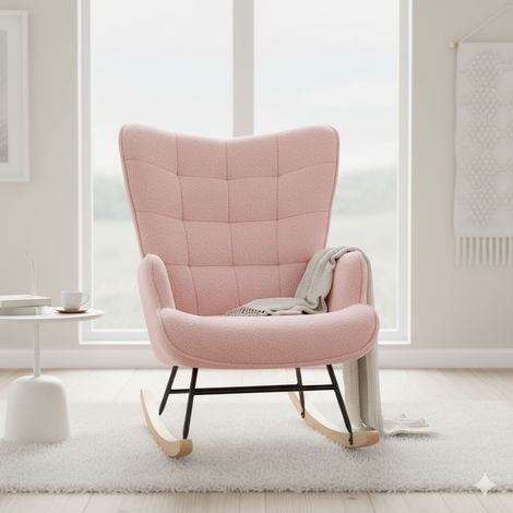 Tanant – Fauteuil à bascule en velours Teddy – Confortable avec accoudoirs et dossier capitonné – Pieds en hêtre naturel – Style scandinave, rose