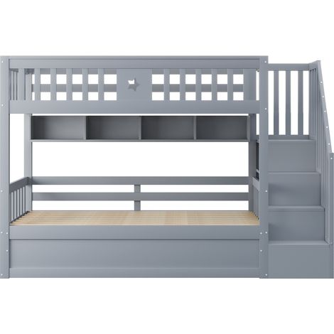 Lit superposé avec rangement 90x200 gris, lit coffre hydraulique et escalier sécurisé, structure en bois massif pour enfant et ado (1/5)