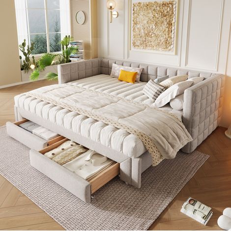 MEUBLIV Cama 90x200 cm beige – extensible con 2 cajones, sin colchón (1/5)