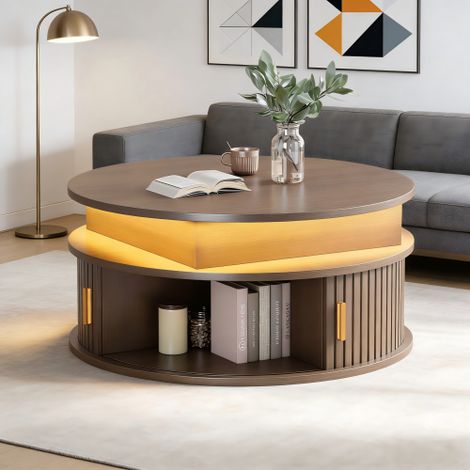 Tavolino da salotto regolabile in altezza con illuminazione LED, due ante a saracinesca e vano nascosto – Noce – 75x75x52 cm (1/5)
