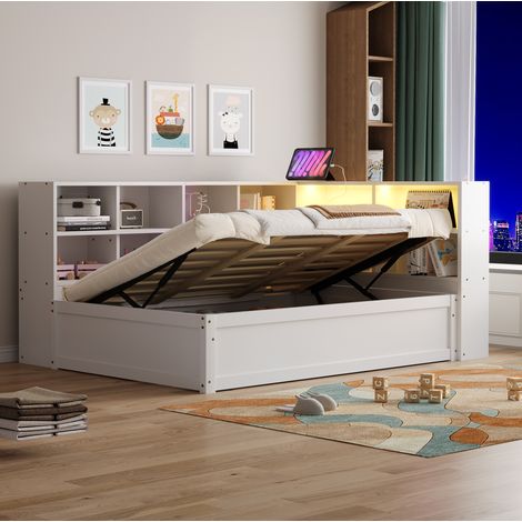 Lit 90x200 cm moderne en bois blanc, avec tête de lit LED, prise intégrée et coffre hydraulique (1/5)