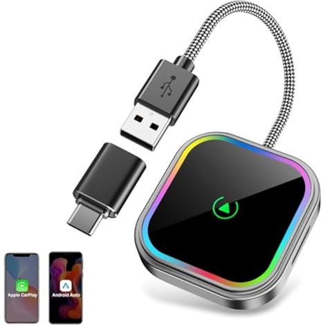 Mini adattatore wireless per Apple CarPlay/Android Auto, adattatore Bluetooth wireless 2 in 1 per CarPlay con spina USB/C, compatibile con iOS 10+ e Android 11+, controllo vocale RGB, plug and play.