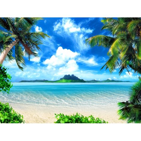 Papier peint panoramique plage bleu et vert – Dimensions 180 x 127 cm – Papier écologique certifié FSC – Encres à base d'eau (1/2)