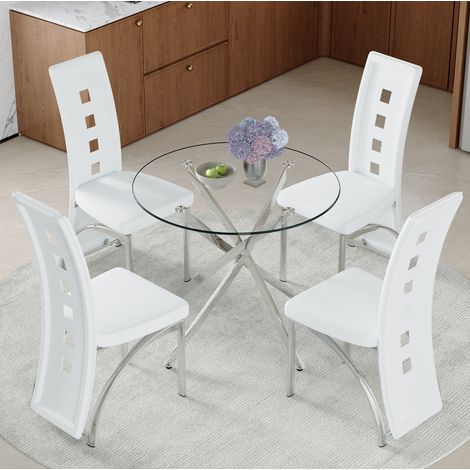REDOM conjunto de mesa de comedor con 4 sillas (88x88x75 cm), vidrio templado, respaldo perforado, metal y PU, blanco plata (1/5)