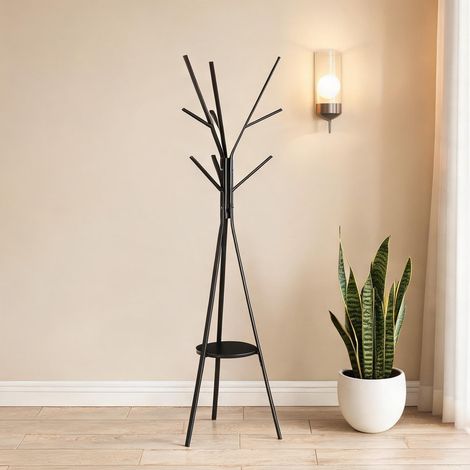 Porte-manteaux sur pied en métal noir avec étagère 180 cm en bois (1/5)