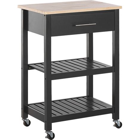 Carrito de cocina de MDF madera de caucho negro 58 x 40 x 85 cm ruedas 2 baldas 1 cajón botellero Hiuma (1/5)
