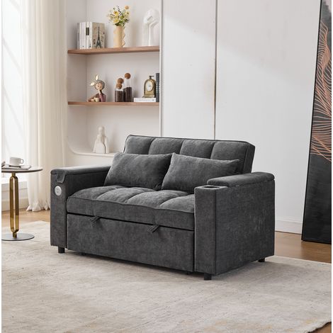 Divano letto 140.5x74x82 cm, schienale regolabile, USB e Tipo C, tavolino nascosto, tessuto grigio (1/5)