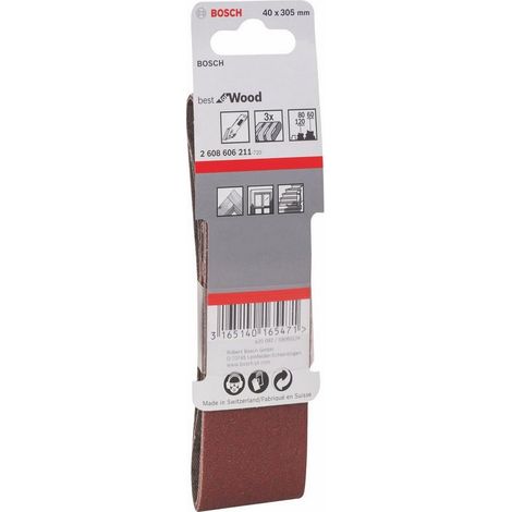 Bosch – Bandes abrasives 40x305 pour ponceuse – Assortiment de 3 grains 80/120/180 – Pour bois dur et teck – Compatible PVS300AE