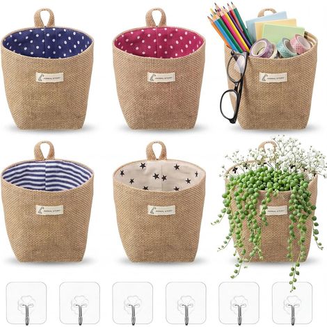 6 Pièces Sacs de Rangement Suspendus en Coton et Lin Petit Panier Rangement Pliable avec Crochets Storage Paniers Organizer Murale pour Jouets Maquillage Cles et Petits Objets