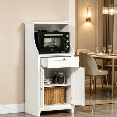 Meuble micro-ondes 60x40x122,5 cm en MDF blanc, avec rangement gain de place pour cuisine FloraGrace (1/5)