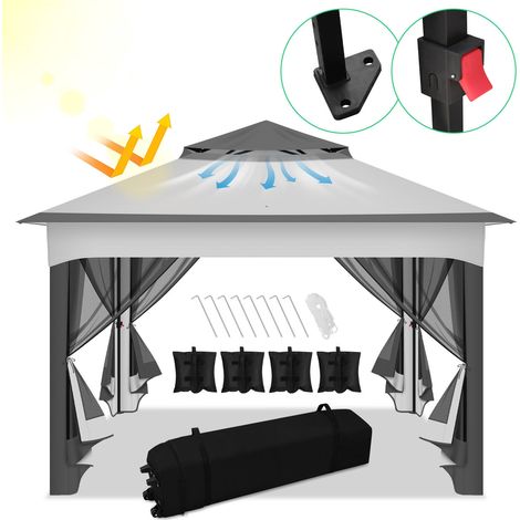 SWANEW Pavilion 3.3x3.3x2.7M, gazebo, tenda da giardino con 4 pannelli laterali in garza, protezione UV 50+, doppio tetto grigio (1/5)