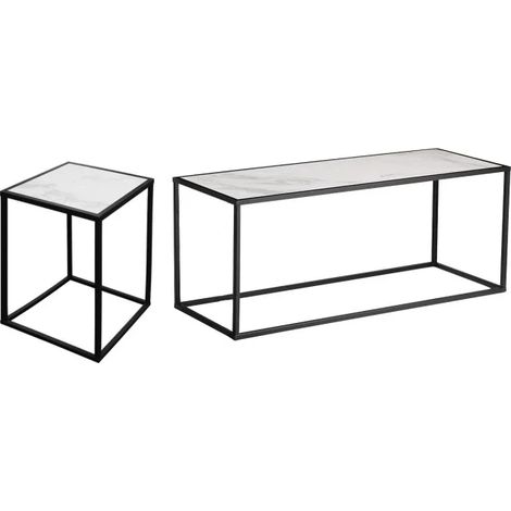 2 tables d'appoint en céramique marbré et verre pieds métal - PAROS (1/5)