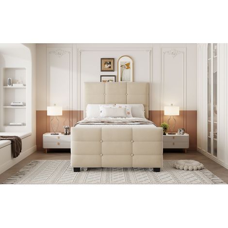 Lit rembourré 90 x 190 cm avec lit gigogne, lit simple bas en tissu velours doux pour la peau, lit enfant, lit adolescent, lit d’appoint (beige)