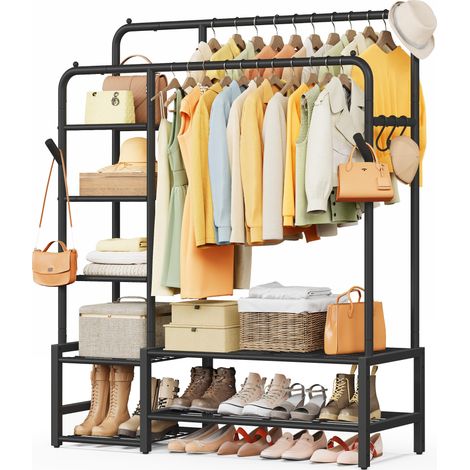 Portant à Vêtements, Armoire Penderie Ouverte, Porte-manteau avec 7 Étagères, Cadre en Métal, Tringles, pour Chambre, Salon, Entrée, Noir HSR182B01 (1/5)