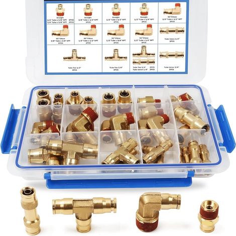 Assortimento di raccordi per linea freno aria DOT da 32 pezzi in ottone, 1/4", 3/8", 1/2", kit di raccordi per pressione pneumatica, raccordi a collegamento rapido per impianto frenante di rimorchio p (1/5)