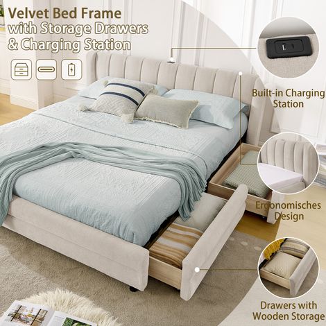 Lit double 140×200 cm beige chenille,rangements latéraux,port USB,tissu doux,ergonomique chambre ou location (1/5)