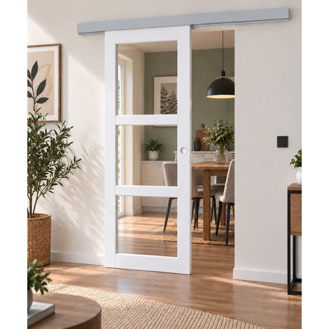 Puerta corredera Kenya blanca con acristalamiento transparente H204 x L73 cm, riel de aluminio, conchas blancas, GD MENUISERIES (1/5)