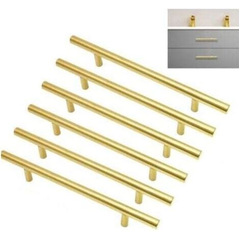 Un ensemble de 6 poignées de meuble plaquées or, entraxe de 128 mm, poignées de tiroir en acier inoxydable, adaptées aux meubles de chambre et de cuisine, longueur 200 mm. (1/4)