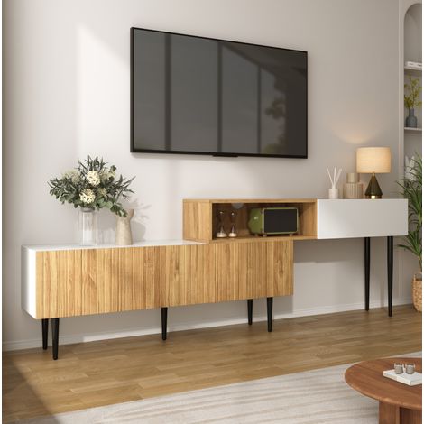 Meuble TV modulable 220x30x63,4 cm en bois blanc, avec rangement pour salon FloraGrace (1/5)