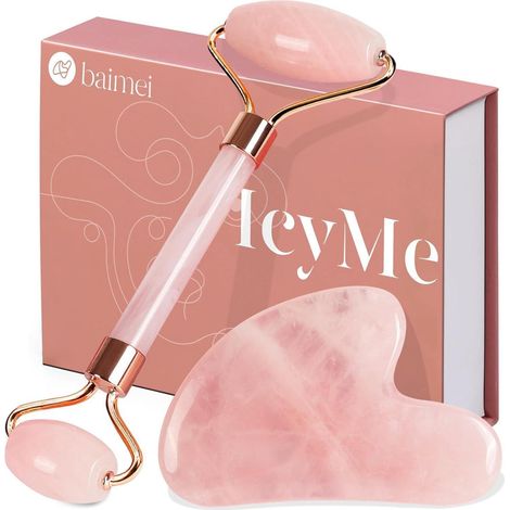 Gua Sha Stein & Gesichtsroller Rosenquarz Set für Hautpflege & Entspannung (1/5)